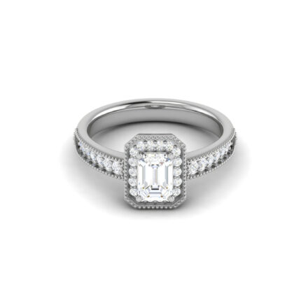 Elegant Vintage Emerald-Cut Halo Diamond Engagement White Gold Ring