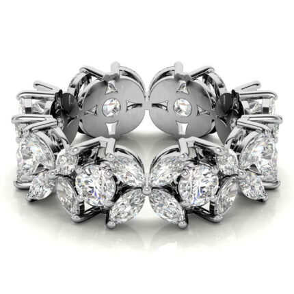 Delicate Floral Marquise and Round Diamond White Gold Eternity Band