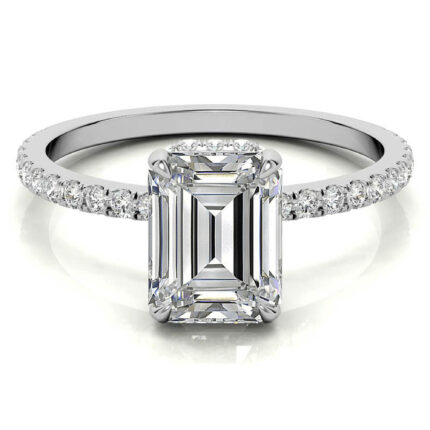 Sophisticated Emerald-Cut Pave Band White Gold Moissanite Ring