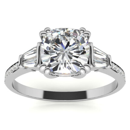Graceful Cushion-Cut Tapered Baguette Side Stones Diamond White Gold Ring