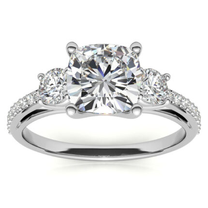 Graceful Cushion-Cut Three-Stone Diamond White Gold Engagement Ring