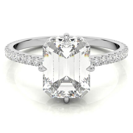 Elegant Emerald-Cut Diamond Pave Band White Gold Engagement Ring