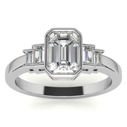 Sophisticated Emerald-Cut Diamond Step-Set Baguettes White Gold Ring