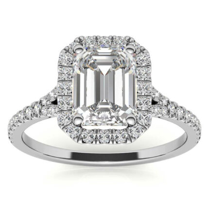 Graceful Emerald-Cut Moissanite Halo Split Pavé Band White Gold Ring