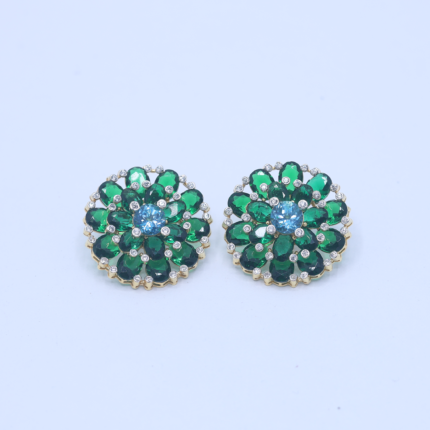 Radiant Emerald & Diamond Floral Yellow Gold Stud Earrings