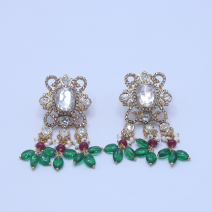 Radiant Kundan & Emerald Chandelier Yellow Gold Earrings