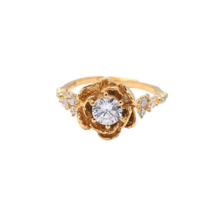 Exquisite Gold Floral Moissanite Center Yellow Gold Birth Flower Ring