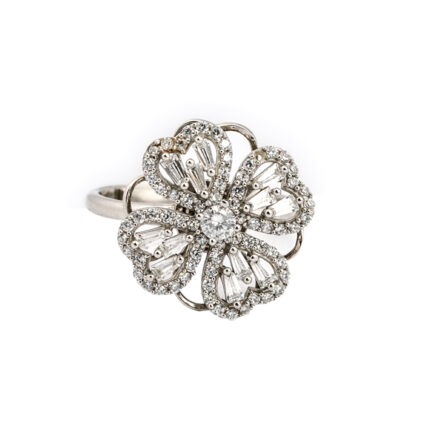 Radiant Four-Leaf Clover Sterling Silver White Gold Ring