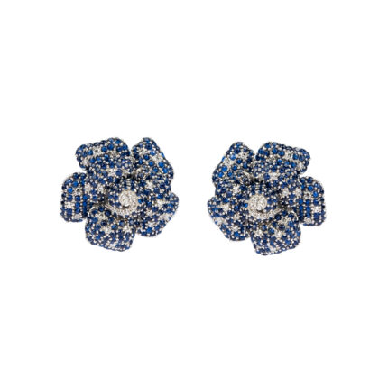 Graceful Sapphire and Diamond Floral Stud White Gold Earrings