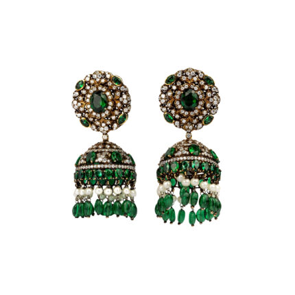 Exquisite Emerald and Diamond Jhumka Yellow Gold Earrings