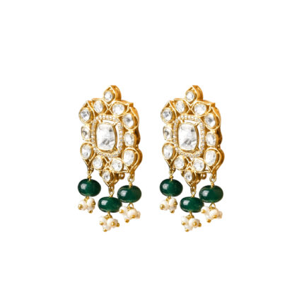 Elegant Kundan and Emerald Bead Drop Yellow Gold Earrings