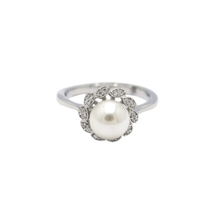 Elegant Pearl and Diamond Halo White Gold Ring