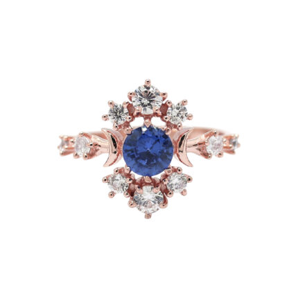 Graceful Celestial Blue Sapphire and Diamond Crescent Rose Gold Moon Ring
