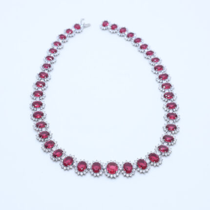 Radiant Ruby and Diamond Halo White Gold Necklace