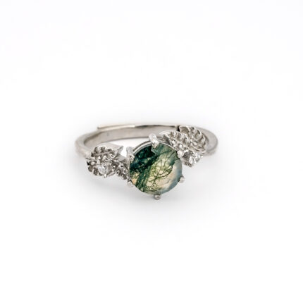 Enchanted Garden Twisted Vine Design Moss Agate White Gold Ring