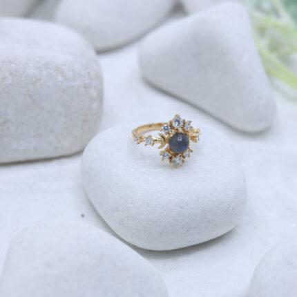 Shimmering Vintage-Inspired Moonstone and Diamond Yellow Gold Ring