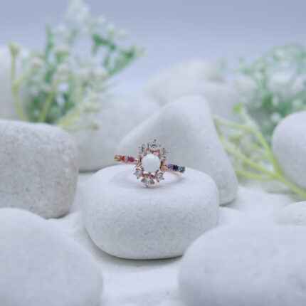 Radiant Opal and Diamond Rainbow Rose Gold Halo Ring