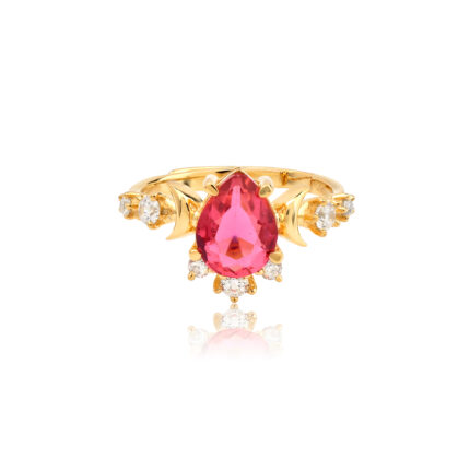 Radiant Rubellite Tourmaline Crescent Moon Diamond Accents Yellow Gold Cocktail Ring