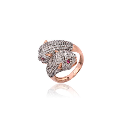 Shimmering Rose Gold Twin Panther Head Rose Gold Diamond Ring