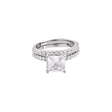Luxury Princess-Cut Solitaire White Gold Engagement Ring Double Pave Band