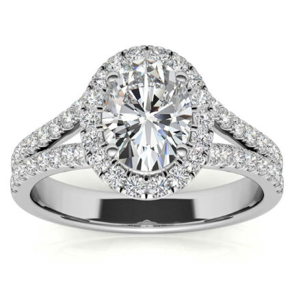 Elegant Oval-Cut Halo Split Shank Diamond  White Gold Engagement Ring