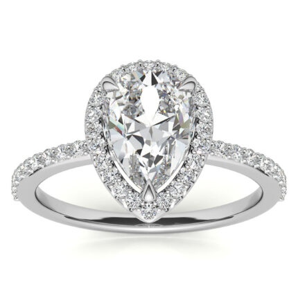 Luxury Pear Colorless Moissanite Pave Band Halo Setting White Gold Ring