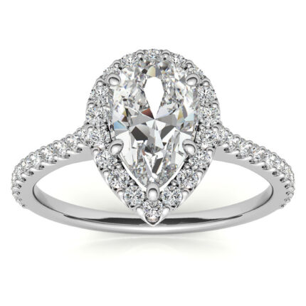 Graceful Pear-Shaped Moissanite Accent Cathedral White Gold Halo Ring