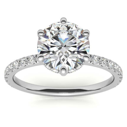 Elegant Round-Cut Moissanite Pavé Band Solitaire White Gold Ring