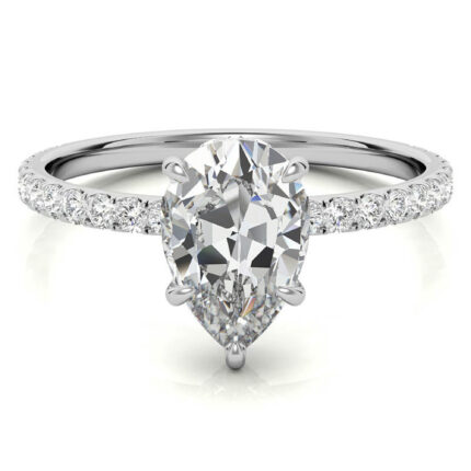 Elegant Pear-Cut Moissanite Pave Band White Gold Solitaire Ring