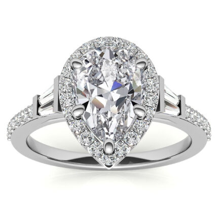 Luxury Pear-Cut Moissanite Halo & Baguette Side Stones White Gold Ring