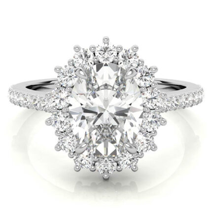 Graceful Oval-Cut Halo Split Shank Diamond White Gold Engagement Ring