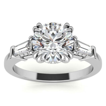 Elegant Round-Cut Diamond Baguette Side Stones White Gold Engagement Ring