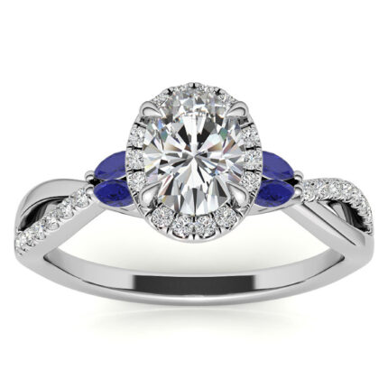 Radiant Oval-Cut Moissanite and Sapphire Halo White Gold Ring