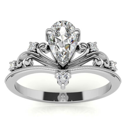 Graceful Crown-Inspired Chevron Pear-Cut Moissanite Pavé Diamonds White Gold Ring